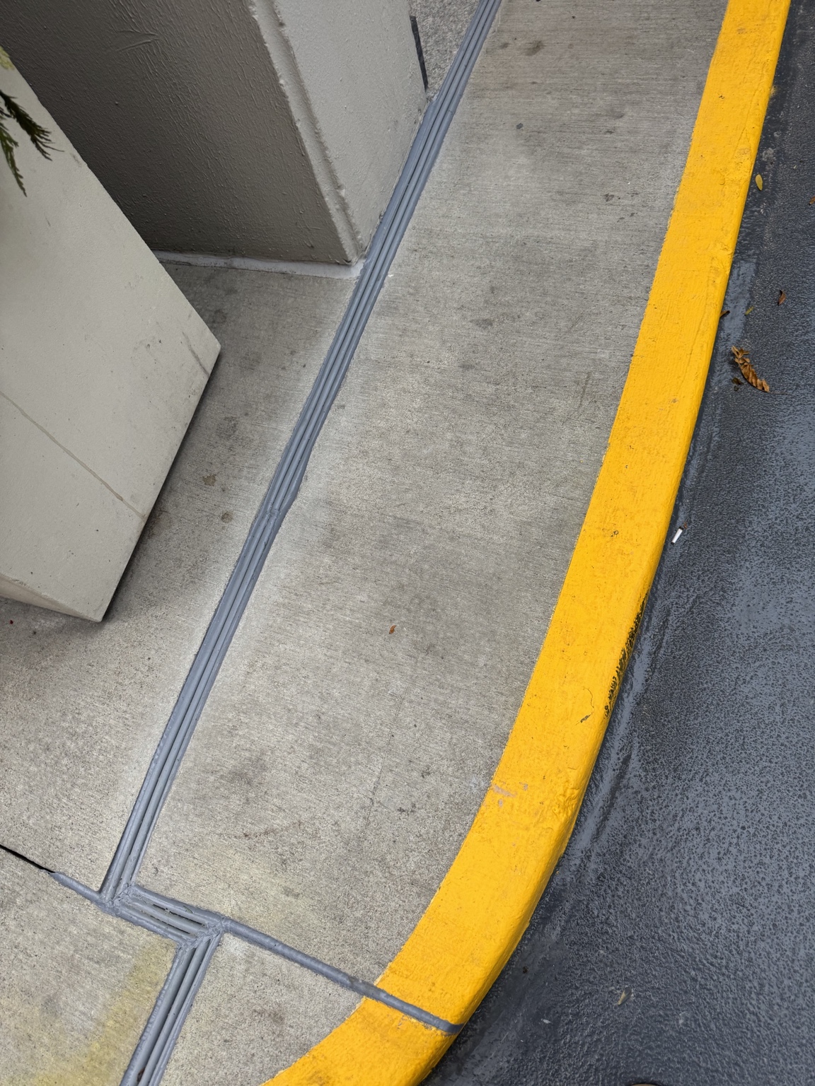 Restored expansion joint along a concrete walkway beside a building and yellow curb
